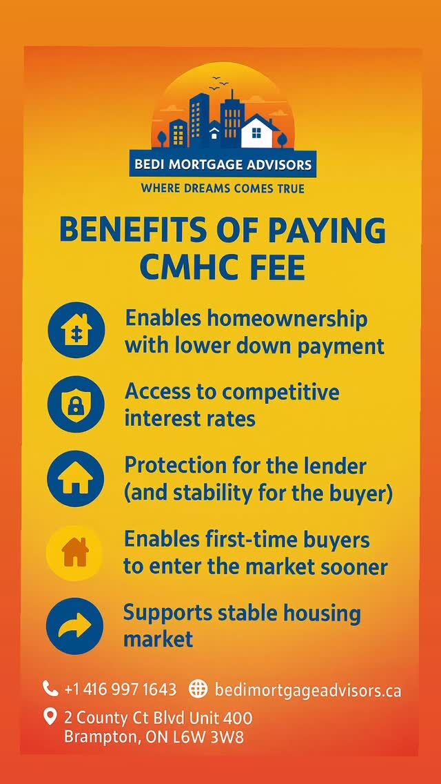 Thinking of buying a home with less than 20% down?
Paying the CMHC mortgage insurance fee might actually benefit you more than you think!

Here’s why:
	•	Get into your dream home with just 5% down payment
	•	Enjoy competitive interest rates
	•	Access homeownership sooner
	•	Gain lender protection and market stability
	•	Perfect for first-time home buyers

At Bedi Mortgage Advisors, we guide you through every step — helping you secure the best mortgage solutions in Ontario!

Let’s turn your homeownership dream into reality today.
Contact us now for a free consultation!
#MortgageBroker #BramptonRealEstate #TorontoMortgages #FirstTimeHomeBuyer #MortgageAdvice #CMHC #MortgageTips #DownPaymentHelp #HomeOwnershipGoals #CanadaRealEstate #BediMortgageAdvisors #OntarioHomes #RealEstateCanada #MortgageHelp #HouseHunting