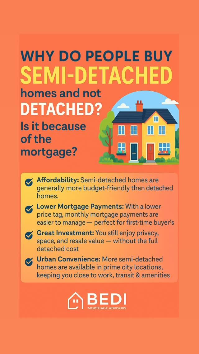 Why do people choose Semi-Detached Homes over Detached? It’s not just preference — it’s smart planning!

Here’s why many buyers go semi:
	•	Affordability: Semi-detached homes are generally more budget-friendly than detached homes.
	•	Lower Mortgage Payments: With a lower price tag, monthly mortgage payments are easier to manage — perfect for first-time buyers!
	•	Great Investment: You still enjoy privacy, space, and resale value — without the full detached cost.
	•	Urban Convenience: More semi-detached homes are available in prime city locations, keeping you close to work, transit & amenities.
	•	Faster Approval: Lower prices = higher approval chances for your mortgage.

At Bedi Mortgage Advisors, we help you understand your best-fit mortgage strategy — whether it’s for a semi or a fully detached dream home.

Start your home journey today!

FSRA # M25000548
Call anytime: 416-997-1643
Email: info@bedimortgageadvisors.ca
Address: 2 County Ct Blvd Unit 400, Brampton, ON L6W 3W8

#SemiDetachedHome #SmartMortgage #FirstTimeHomeBuyer #BediMortgageAdvisors #HomeOwnership #AffordableHomes #GTARealEstate #TorontoRealEstate #MortgageTips #BuySmartLiveBetter